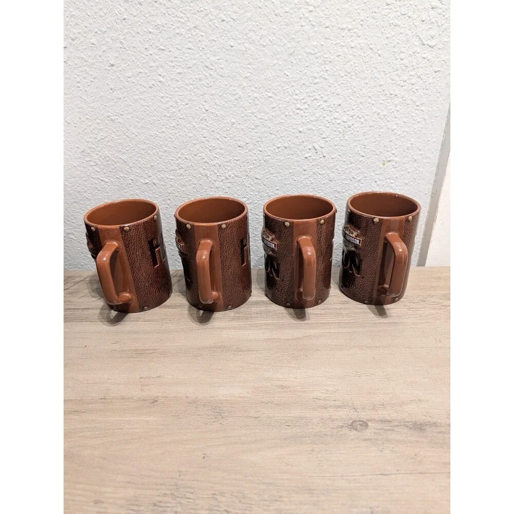 Harley Davidson Mug Lot of 3 2003 Brown 3D Embossed Faux Leather Motorcycle Vtg